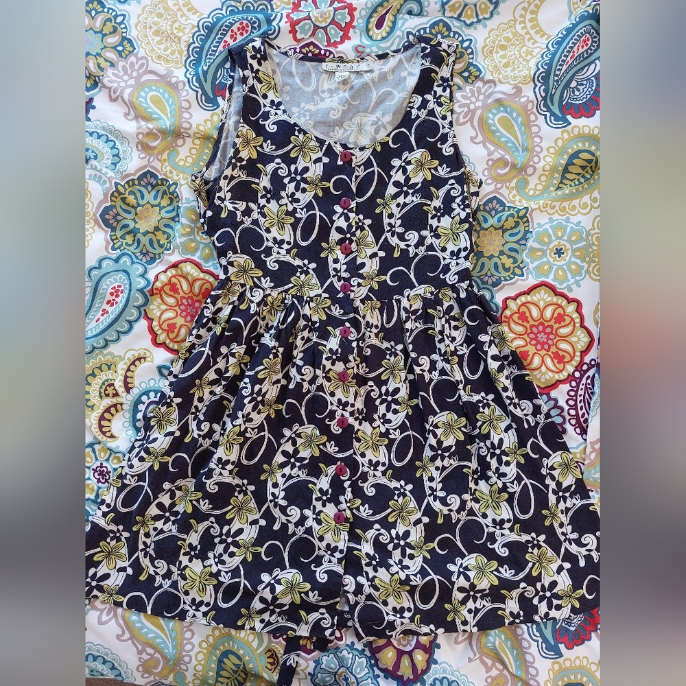 90s black/green floral print sleeveless dress